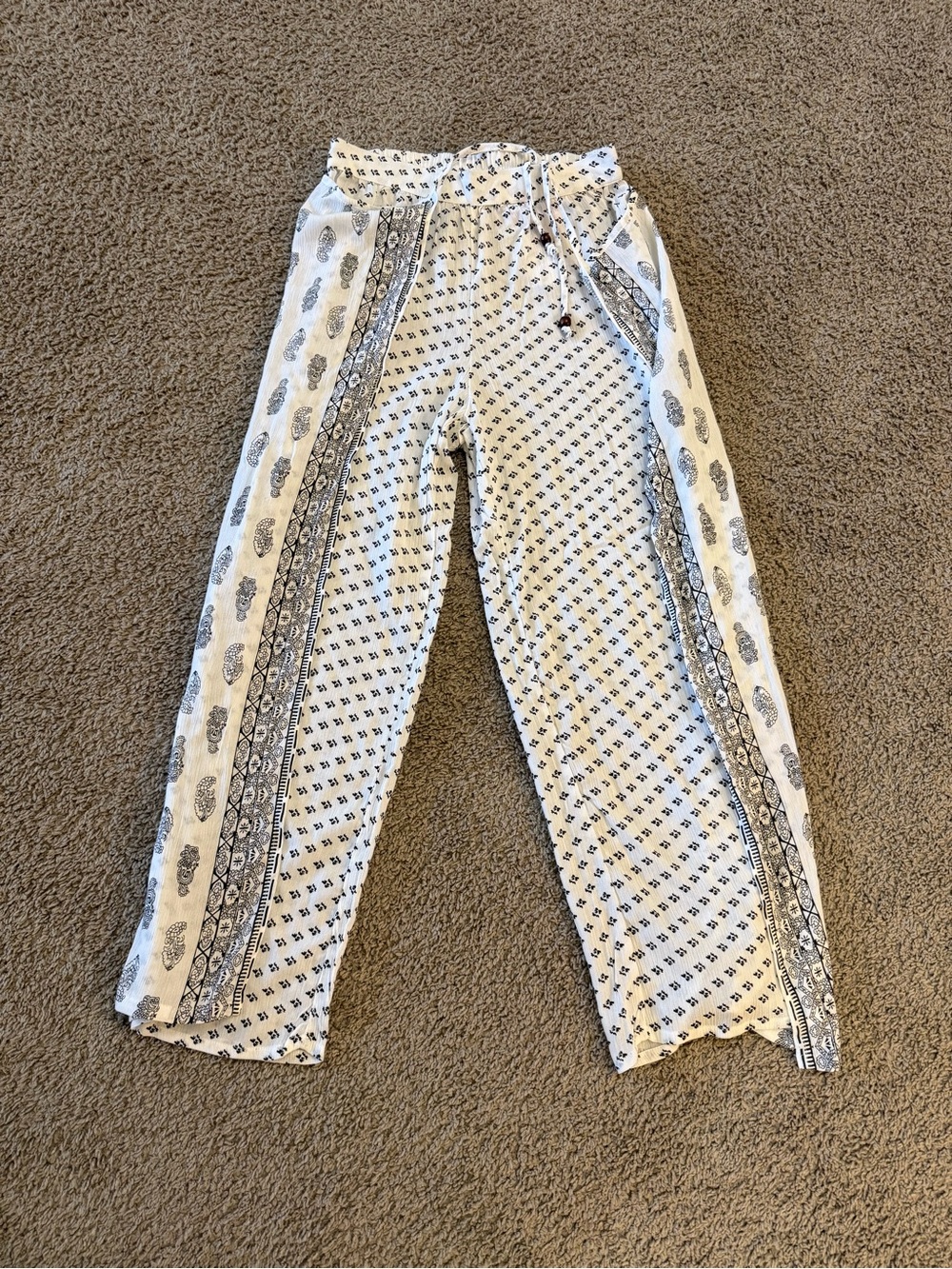 White Printed Women’s Swim Coverup Pants with Grey Paisley Trim